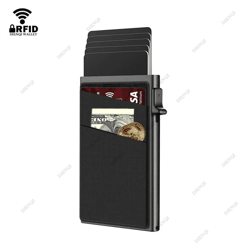 A black premium metal RFID blocking card holder with multiple slots and a visible gold coin.