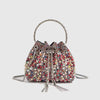A crystal-embellished evening clutch featuring a beaded surface and a silver chain strap.