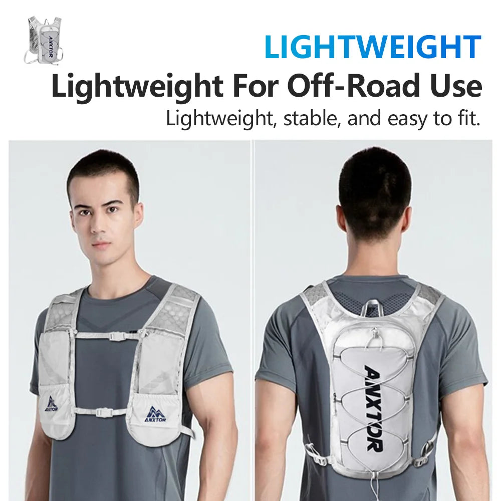 A man is shown wearing a lightweight hydration vest for off-road use.