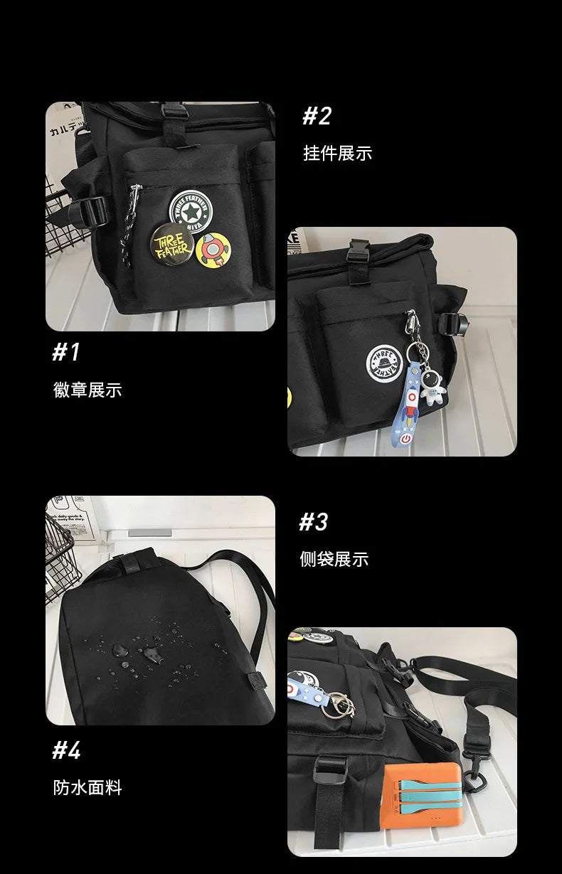 Four variations of a black nylon crossbody bag for teens shown with different features and details.