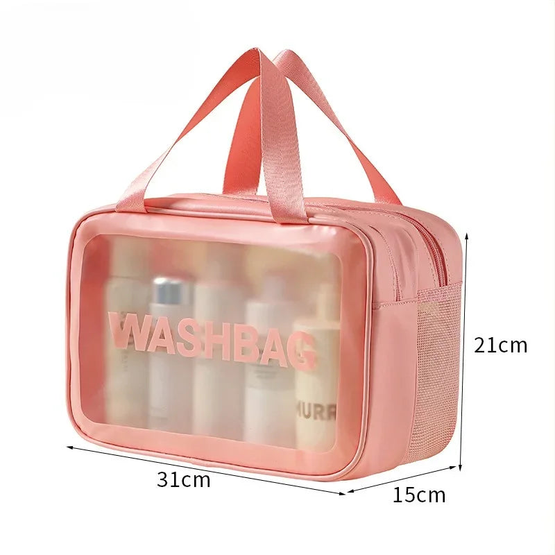A pink plastic pouch with a clear window for separating dry and wet items, used for fitness and travel.