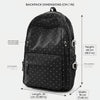 Black corduroy bow print backpack shown with dimensions and features.