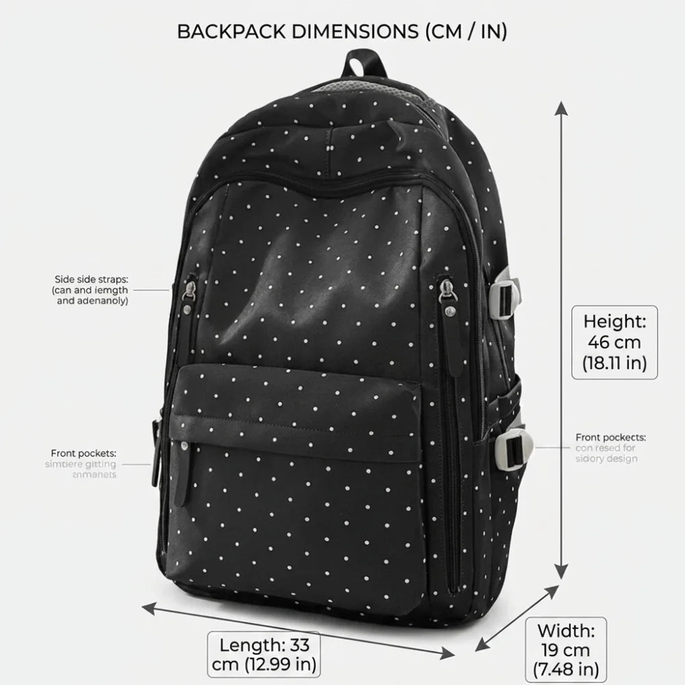 Black corduroy bow print backpack shown with dimensions and features.