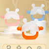 A set of silicone teethers shaped like bunnies in pink, blue, and orange for babies.
