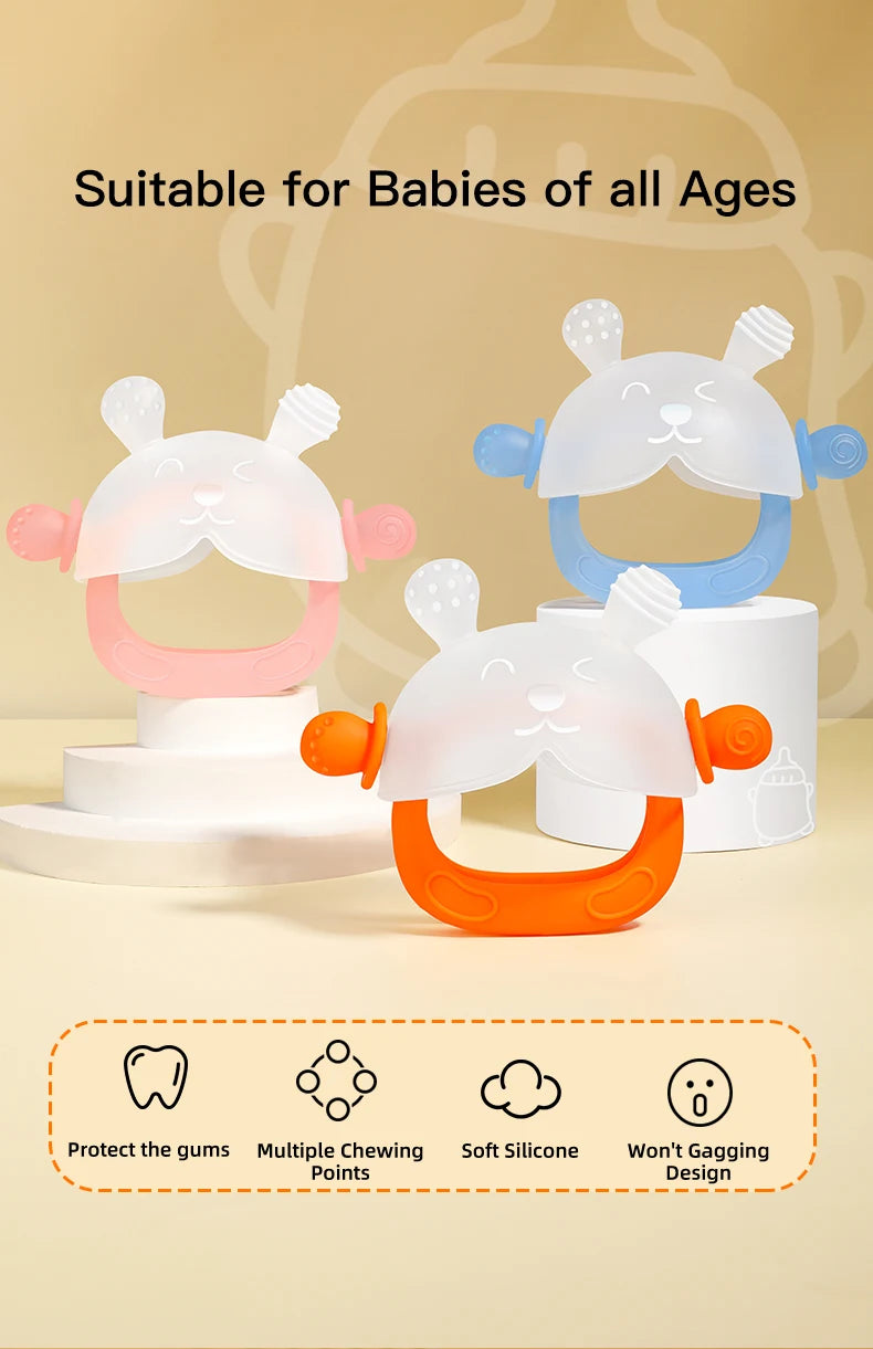 A set of silicone teethers shaped like bunnies in pink, blue, and orange for babies.