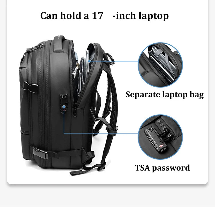 Black heavy duty laptop backpack showing features like a separate laptop bag and TSA password access.