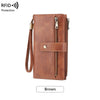 Cartera de cuero marrón para mujer con bloqueo RFID y cierre de cremallera y correa de cuero.