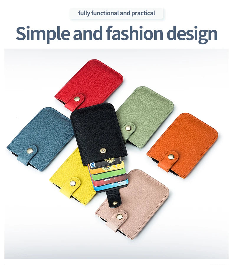 A collection of various colored genuine leather slim card holders displayed on a white background.