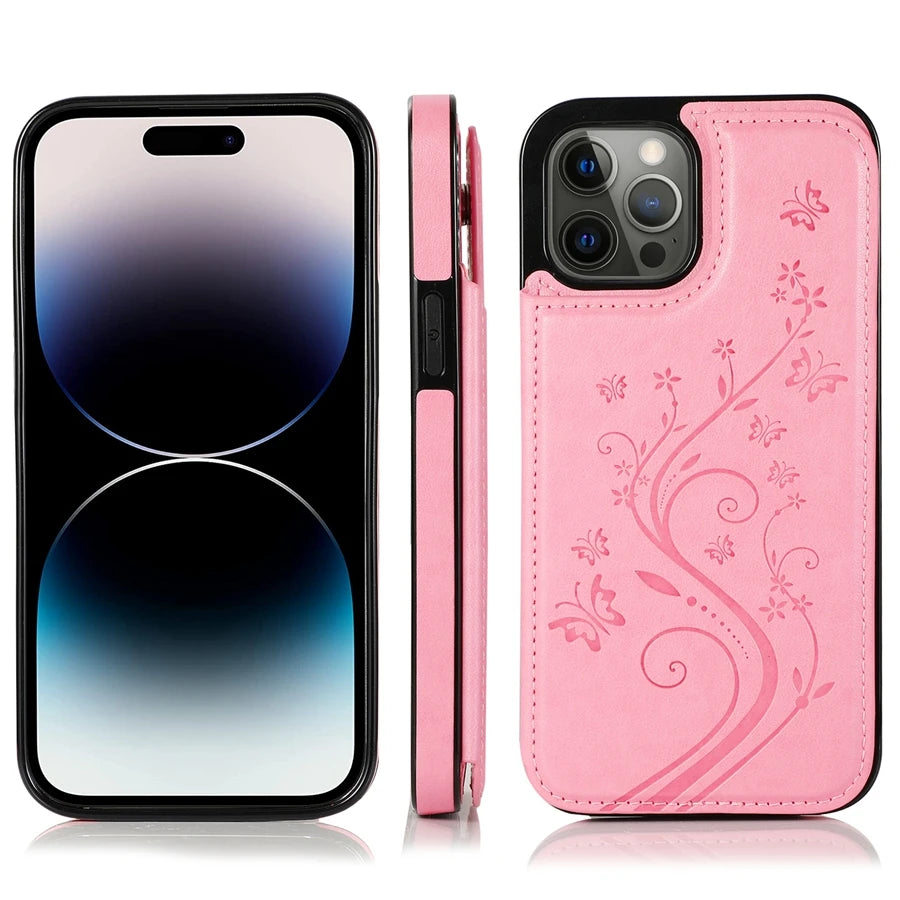 A pink elegant wallet flip case for an iPhone shown in two views.