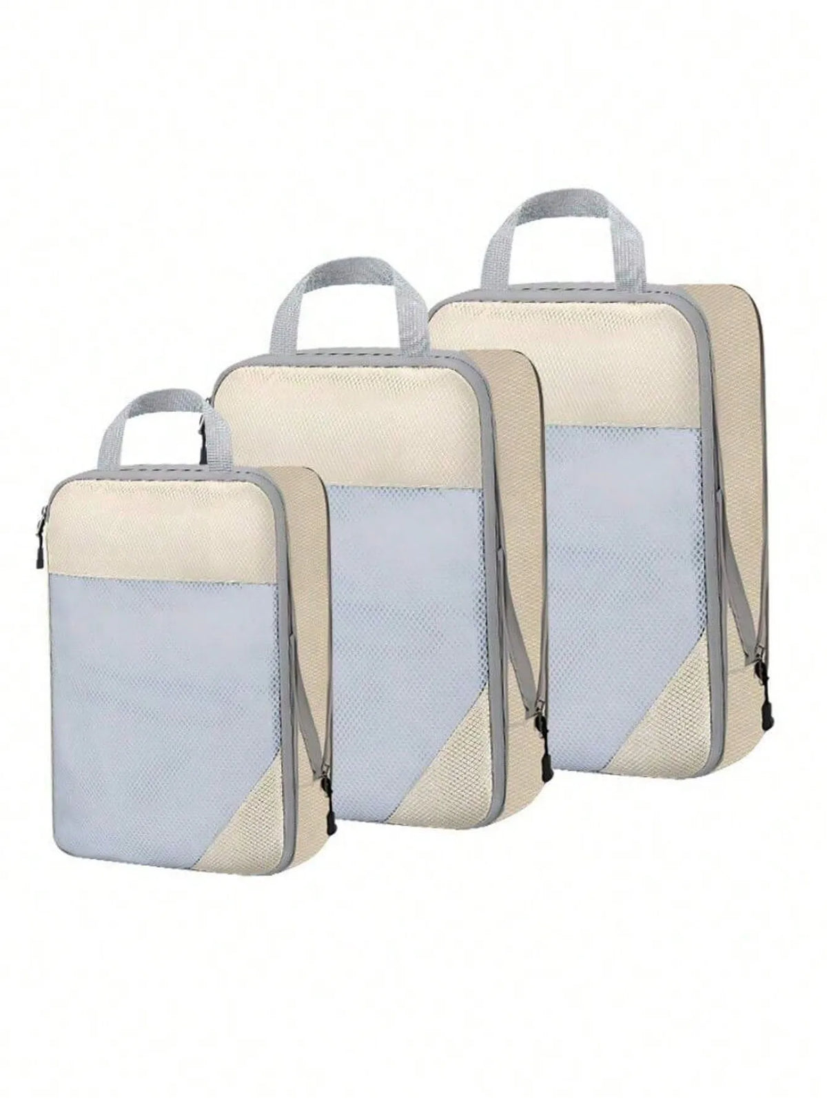 A set of three light beige and blue fabric storage organizers with handles.