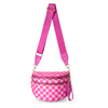 A pink checkered nylon crossbody bag with a pink strap and gold hardware.