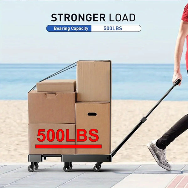 A heavy duty folding hand truck cart is shown loaded with boxes, demonstrating a 500lbs bearing capacity.