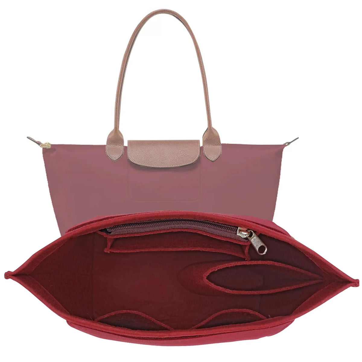 A maroon felt insert bag designed to organize or fit inside a handbag.