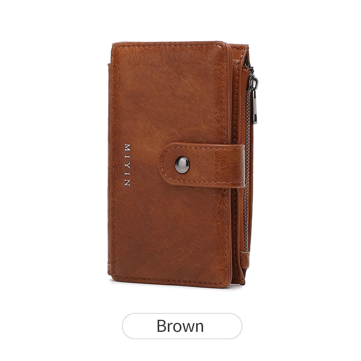 A brown women's RFID blocking clutch wallet shown in a vertical view.
