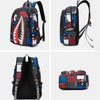 A black and multi-colored waterproof anti-theft casual travel backpack shown from the front and side.