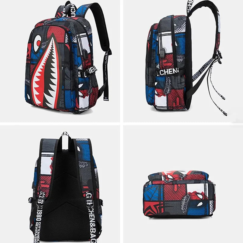 A black and multi-colored waterproof anti-theft casual travel backpack shown from the front and side.