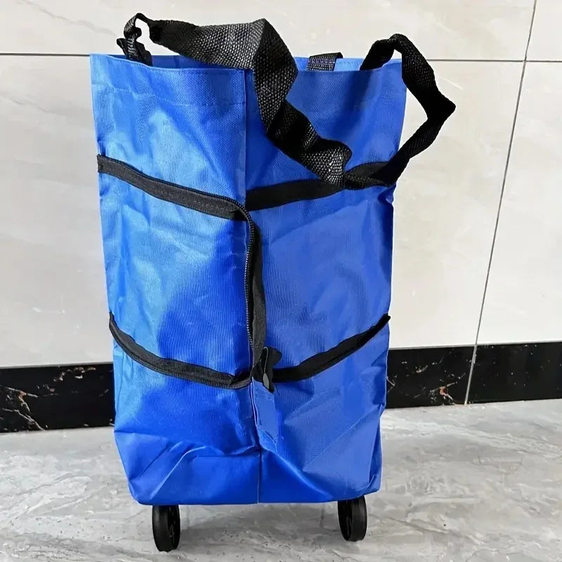 A bright blue foldable lightweight shopping cart with black straps and wheels.