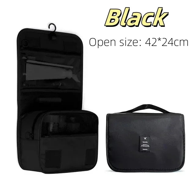 Black waterproof makeup organizer and travel pouch with an open lid and a separate zippered case.