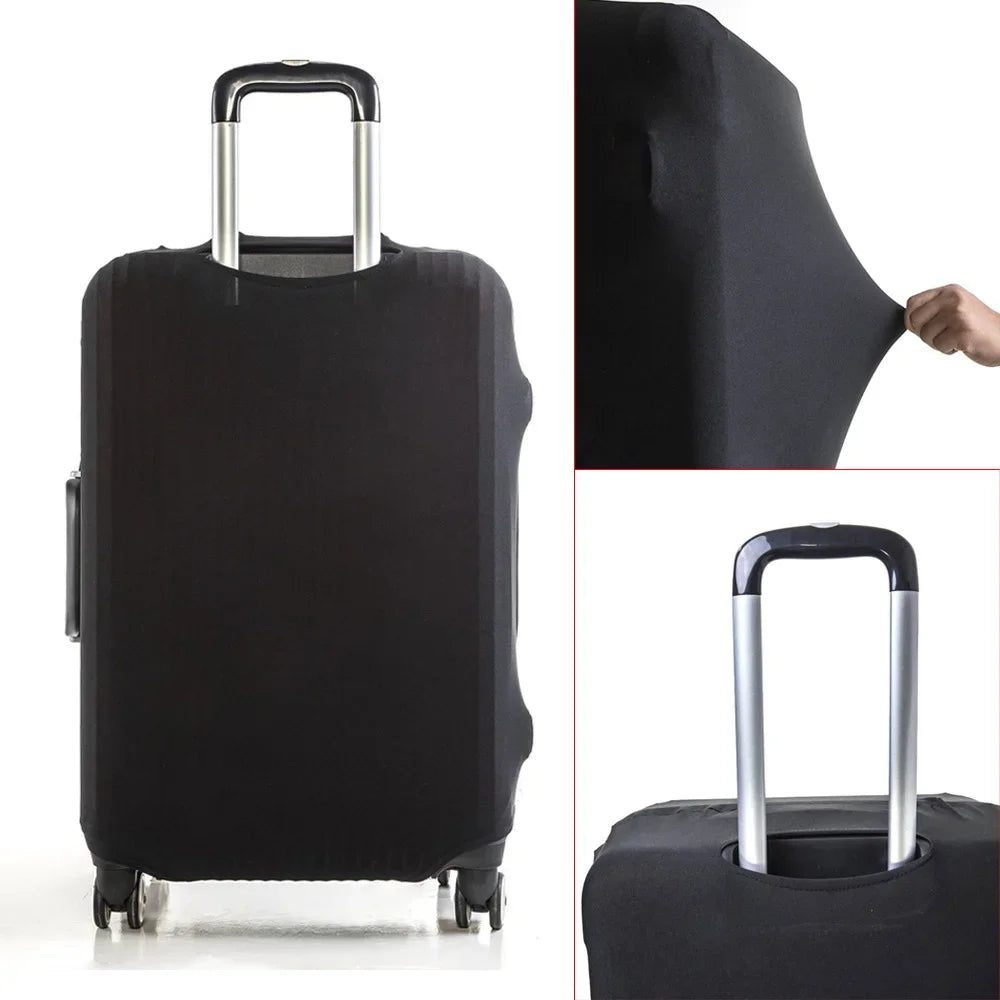 A black thick elastic luggage protective cover with silver handles shown from the side and top view.