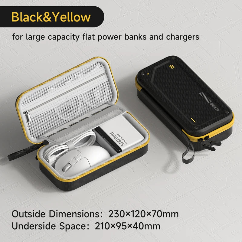 Black and yellow hard shell electronic organizer travel case for power banks and chargers