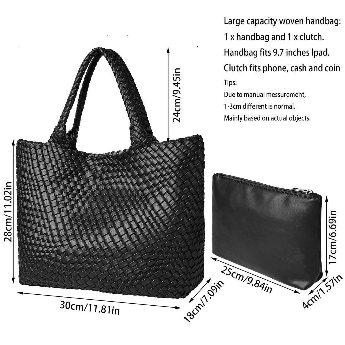 Black woven handbag with a handle and a removable clutch shown next to a leather wallet.