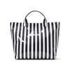A black and white striped waterproof PVC shoulder tote bag with a handle.