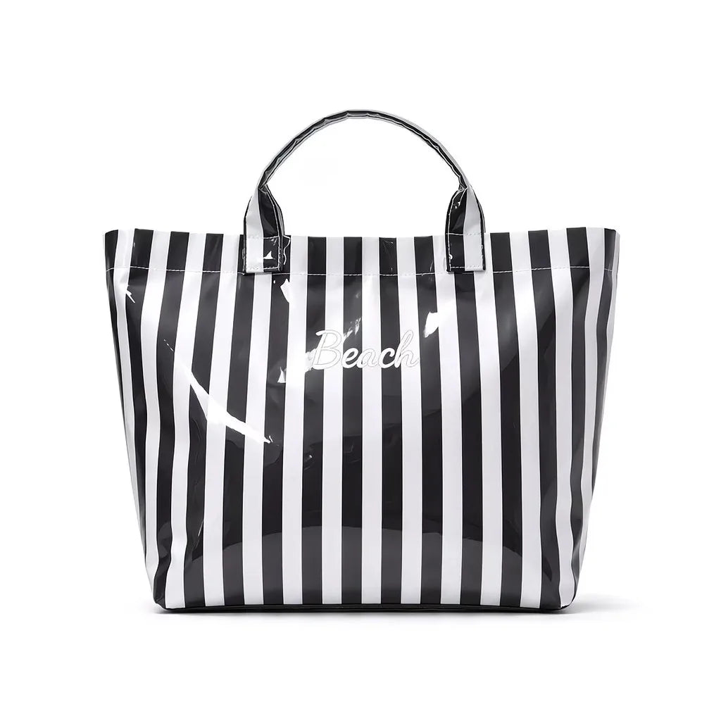A black and white striped waterproof PVC shoulder tote bag with a handle.