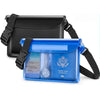 A blue waterproof mobile phone pouch with a watch inside, shown next to a black carrying case.