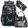 Black sports laptop backpack featuring a patterned design and a separate rain cover.