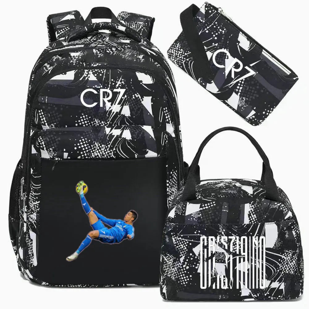 Black sports laptop backpack featuring a patterned design and a separate rain cover.