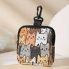 A black zippered pouch featuring a collage of various cat faces in earthy tones and white, with a metal clasp.