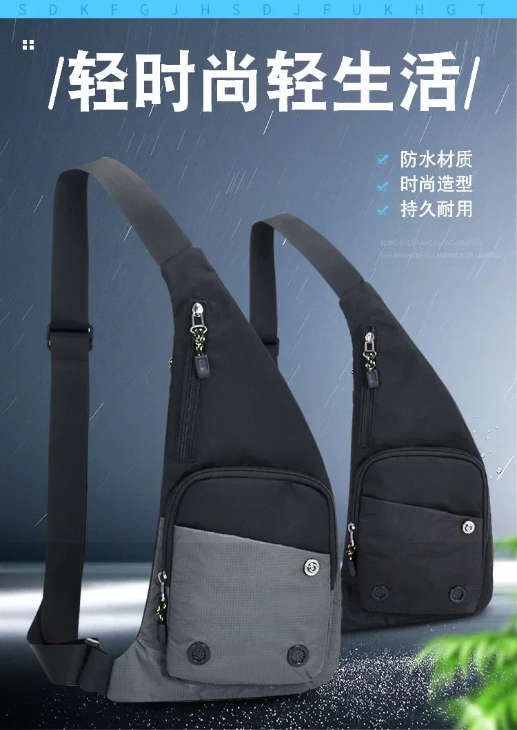 A black and gray crossbody sling bag is shown against a dark background, highlighting its waterproof material and design.