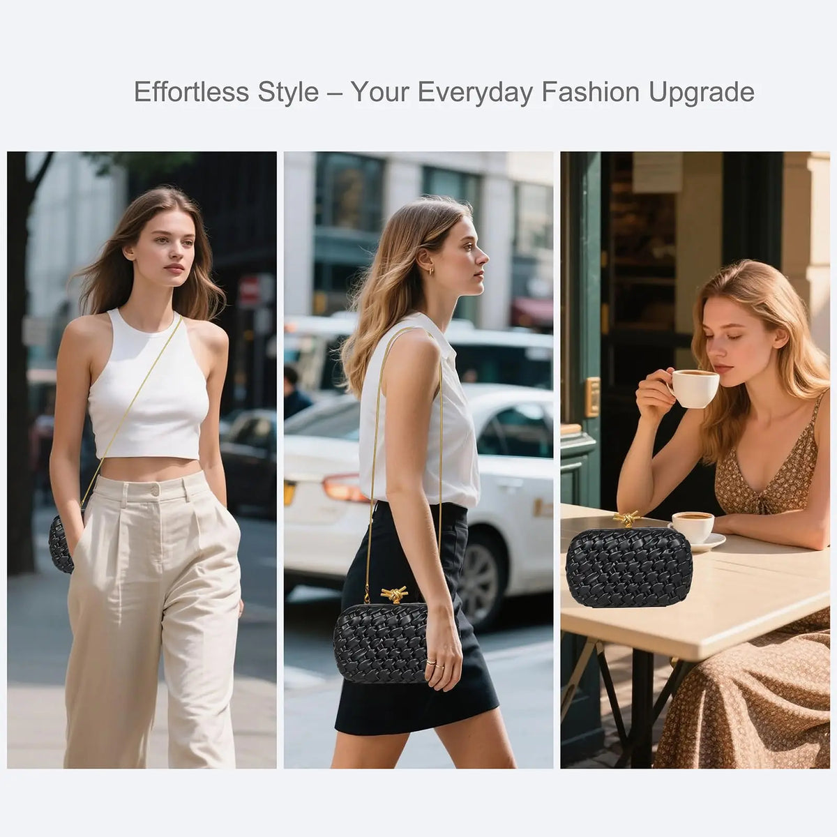 A woman wearing a white top and beige trousers holds a gold chain strap clutch in an urban setting.