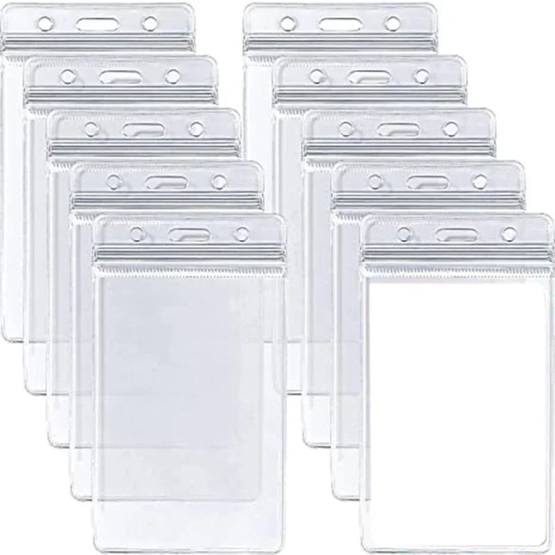 A pack of five transparent vinyl ID card holder sleeves stacked horizontally.