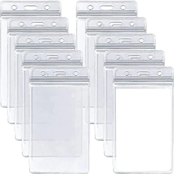 A pack of five transparent vinyl ID card holder sleeves stacked horizontally.