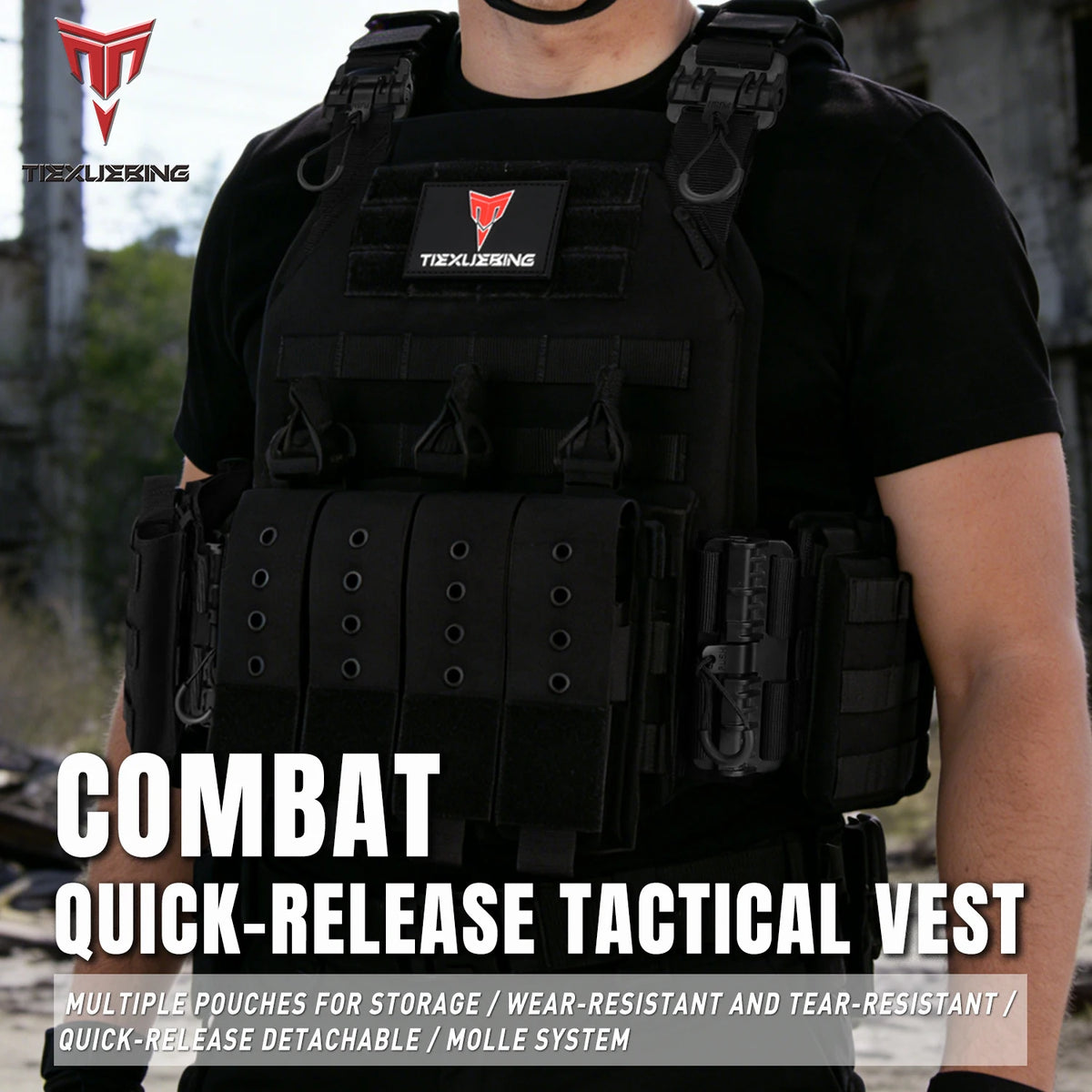 Black combat quick-release tactical vest with multiple pouches and adjustable molle system
