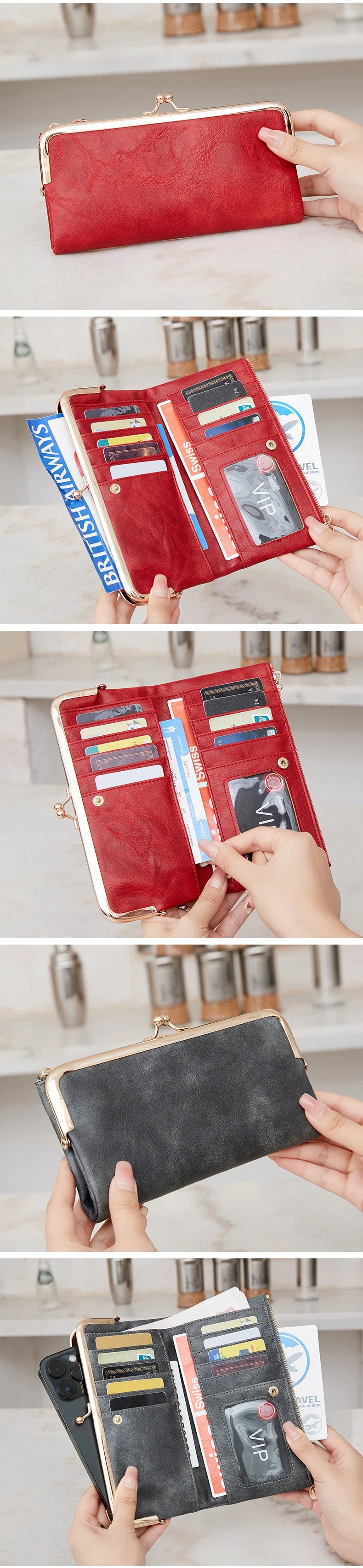 Nahaufnahme einer Vintage-roten Leder-Reißverschlus-Geldbörse, die Karten und Bargeld enthält.