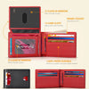 A red leather trifold wallet with clear ID window and card slots shown alongside a black carbon fiber wallet.