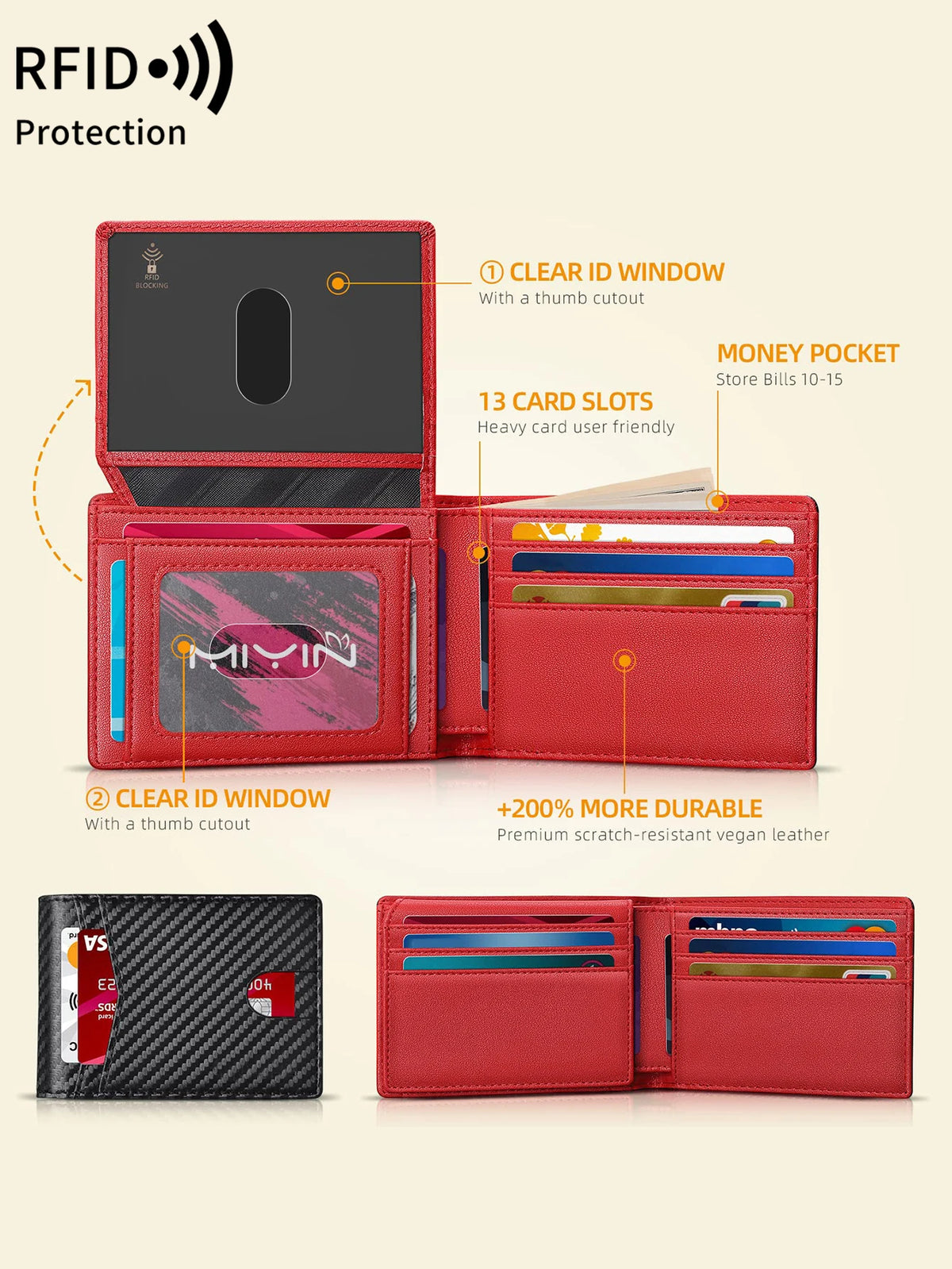 A red leather trifold wallet with clear ID window and card slots shown alongside a black carbon fiber wallet.