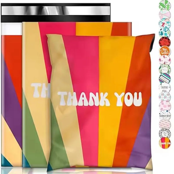 A stack of colorful flower pattern self-seal mailing bags in various shades of pink, orange, purple, and green.