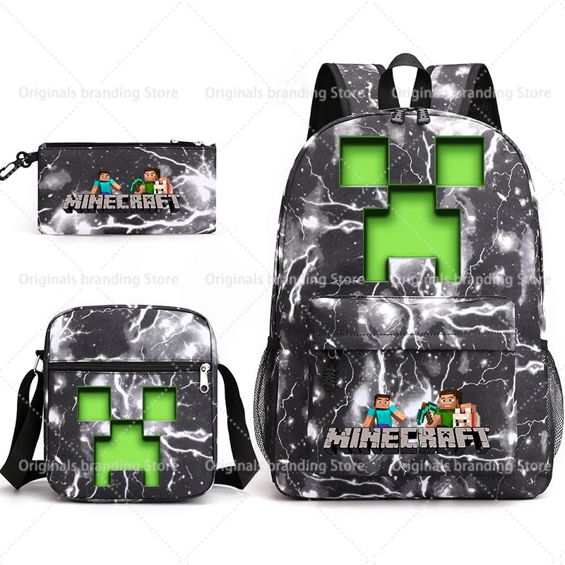 A black and white marbled Minecraft themed backpack and pouch set.