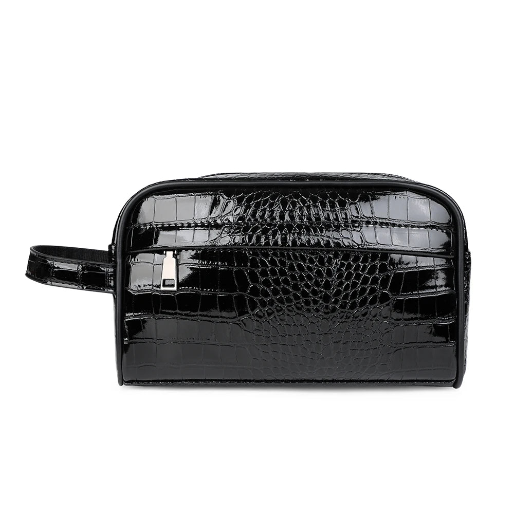 Black crocodile print clutch bag with a gold-toned closure.