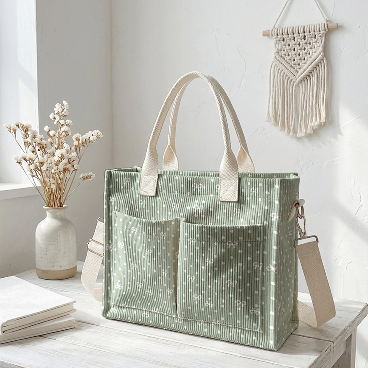 Sac cabas vert clair en velours côtelé avec une sangle en toile naturelle, exposé sur une surface en bois blanc.