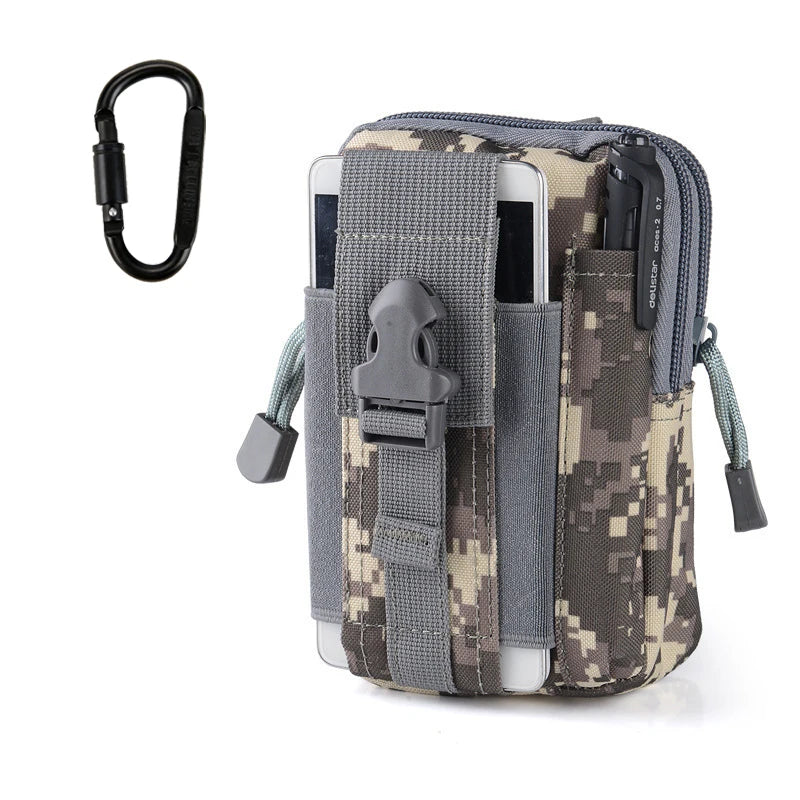 A gray and camouflage tactical EDC utility pouch with a black strap and MOLLE attachment.