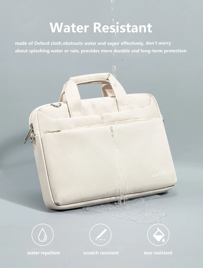 A cream-colored water resistant laptop sleeve made of Oxford cloth, shown with water dripping onto it.