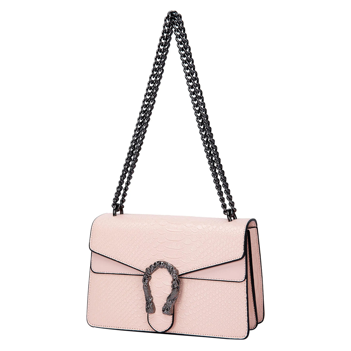 Bolso cruz de hombro con estampado de serpiente rosa claro y correa de cadena negra.