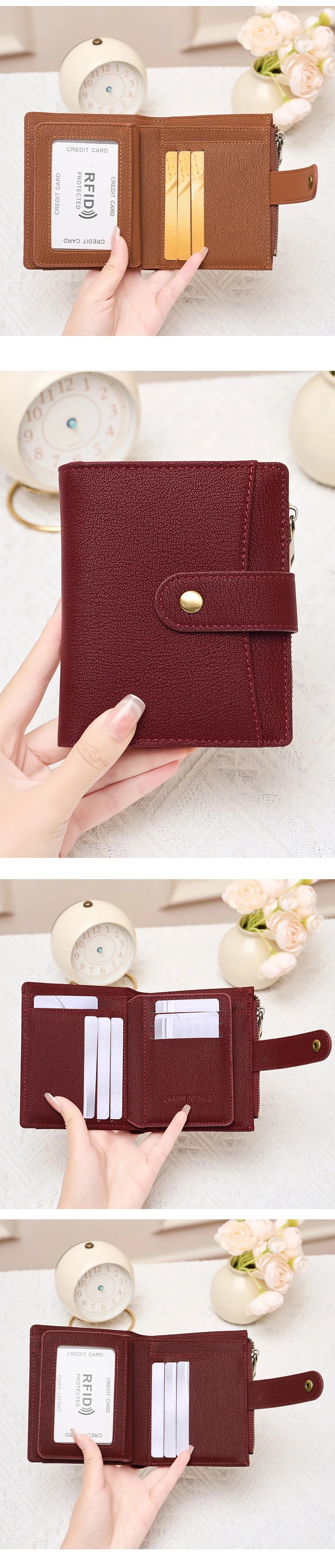 A close-up of a brown leather RFID-blocking compact bifold wallet being held open to show the interior.
