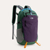 A dark green laptop backpack with purple accents and gray pockets.