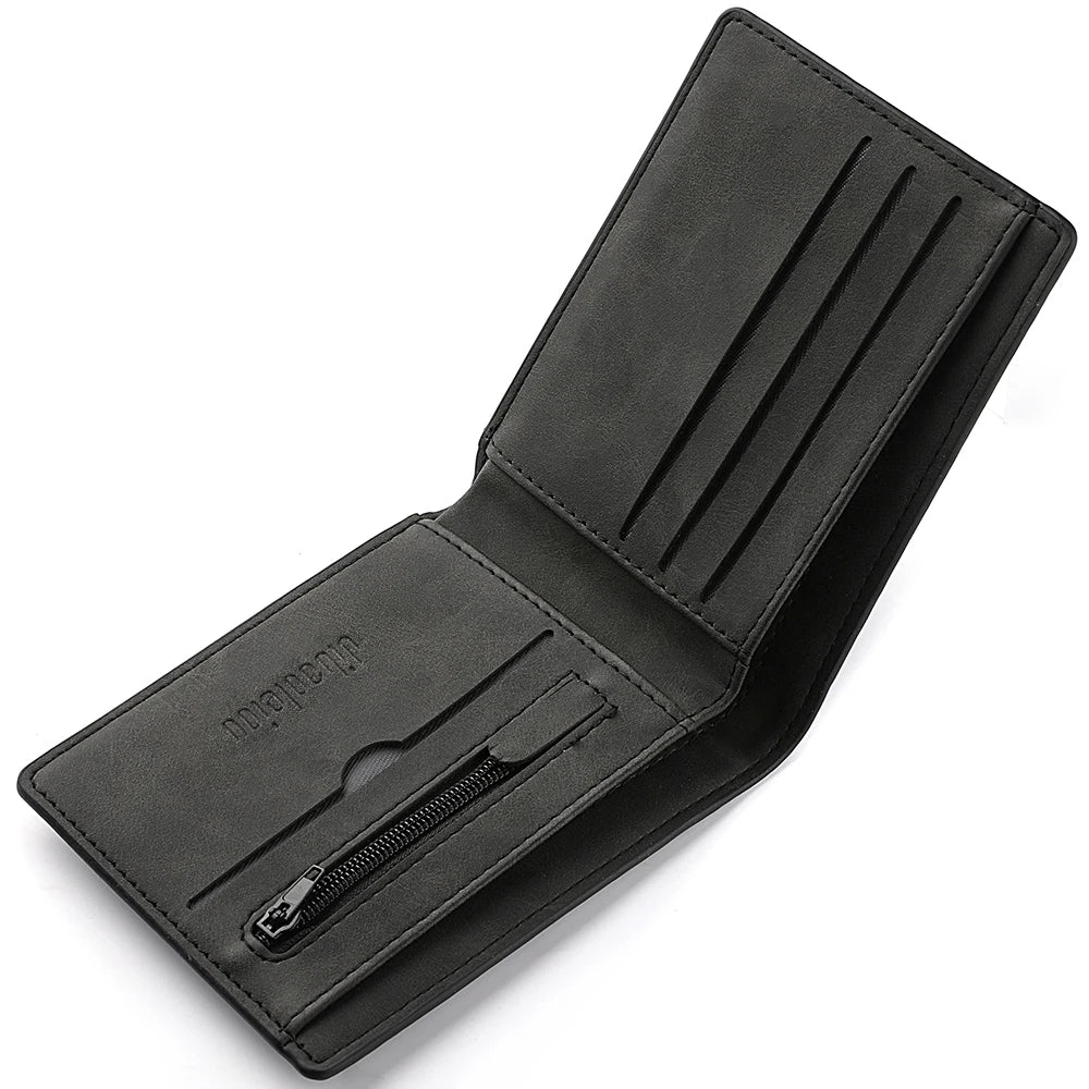 Black PU leather men's casual wallet with a cartoon print shown from the side.