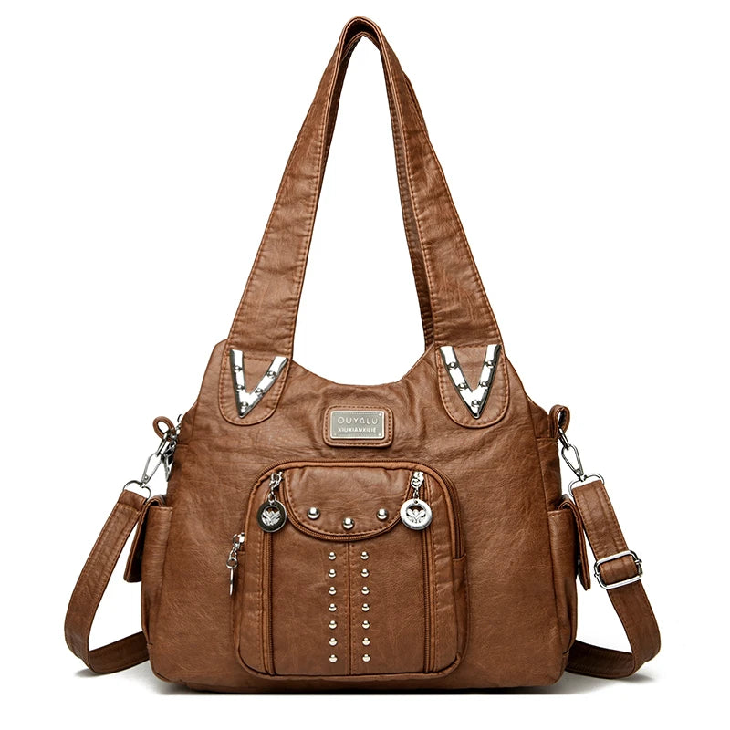 Braune Vintage Soft PU Leder-Schultertasche mit Klappverschluss und silberner Hardware